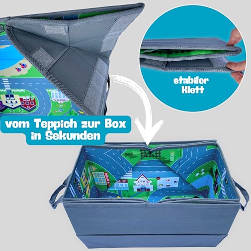 HECKBO 4-in-1 Auto Organizer und Spielteppich - Kinder Spielzeug-Aufbewahrungsbox - Faltbare Spielmatte mit Straßenmotiv - Sichere Befestigung im Auto, 91cm x 72cm