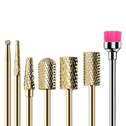 MelodySusie Tungsten Carbide Nail Drill Bits Set 7Pcs, 3/32 Drill Bit for Acrylic Gel Nails Polishing Remove Manicure Pedicure, Rechargeable Bits for Electric Nail Drill, Gold