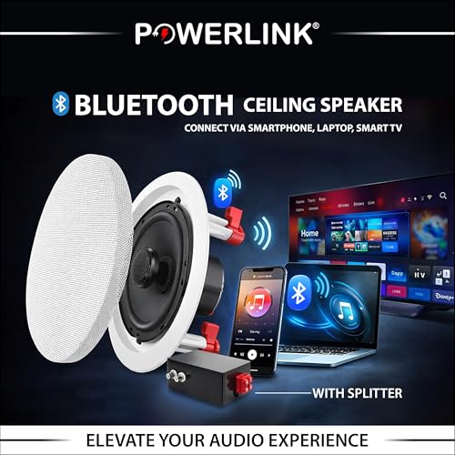 Image of Powerlink 9inch Bluetooth Flush Mount in-Ceiling 2-Way Speaker System Quick Connections Polypropylene Cone & Polymer Tweeter Stereo Sound 60Watt (30W Each) for Office, Gym, Home Theater (Pack of 2)