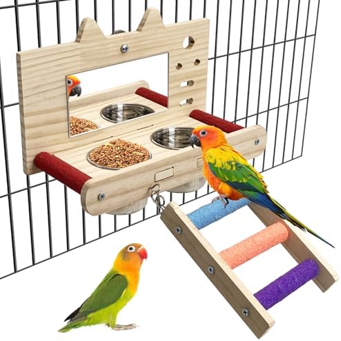 Tfwadmx Bird Food Stainless Steel Cups Wooden Perch Stand with Ladder Hanging Feeder Bowls Feeding and Watering Supplies for Parakeets Conures Cockatiels Budgie Parrot