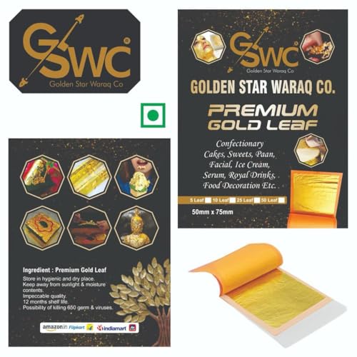 Image of 24k Pure Edible Gold Vark Golden Leaf 50MMx50MM Gold Foils 25 Sheets for Cake Sweets ayurvedic Medicine face Treatment Anti Aging spa(25)