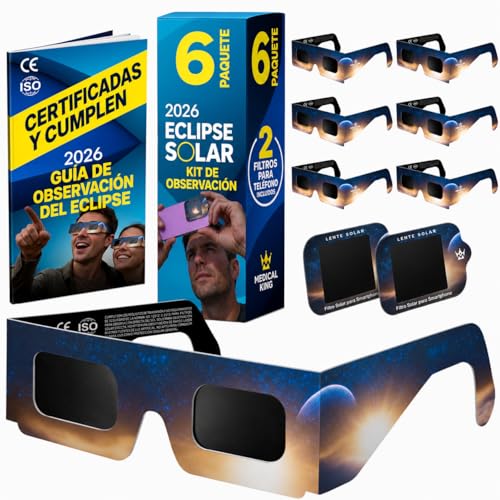 6 Gafas Eclipse Solar Homologadas ISO 12312-2 - Paquete de 6 Con 2 Lentes Fotográficos Para Smartphone Aprobados según la norma ISO, con certificación CE: Gafas para ver eclipses solar 2026