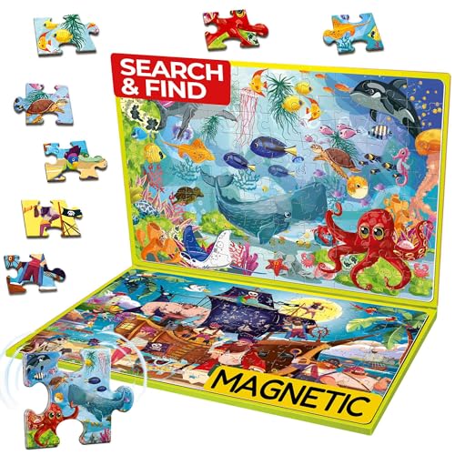 QUOKKA Magnetic Puzzles for Kids Ages 4-6 – 100 PCS Magnetic Puzzle Book for Toddlers 3-5 – 2 Puzzles & 2 Spot The Difference Maps – Search & Find Travel Games – Activity Book Toy Ocean & Pirates