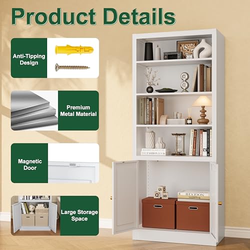 Image of Kitchen Pantry Cabinet, 55 inch Tall Metal Storage Cabinet with Doors and Shelves, Pantry Storage Cabinets for Kitchen, Living Room, Dining Room，White