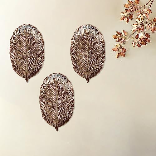 Image of Art Street Golden Palm Leaves Tray MDF Wall Plate For Living Room, Decorative Wall Hanging Carved Decal for Home Decor (Set of 3, 7x11.5 Inch)
