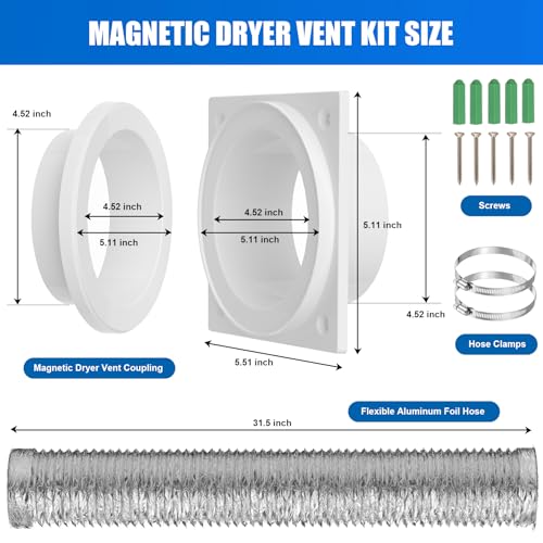Magnetic Dryer Vent Coupling, Airtight Seal Strong Magnet Dryer Vent Connector Kit Quick Connect Disconnect Easy to Clean Flexible Hose Exhaust Duct Adapter Attachment with Clamps Screws by Popbee - Used condition - Image 2