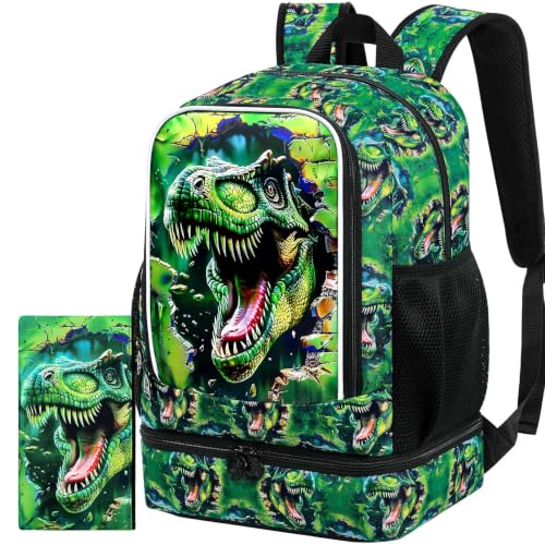 Image of 2 In 1 Dinosaur Backpack for Boys, 17 inch School Bookbag with Lunch Box, Kids Backpacks for Elementary Preschool Kindergarten (Green)