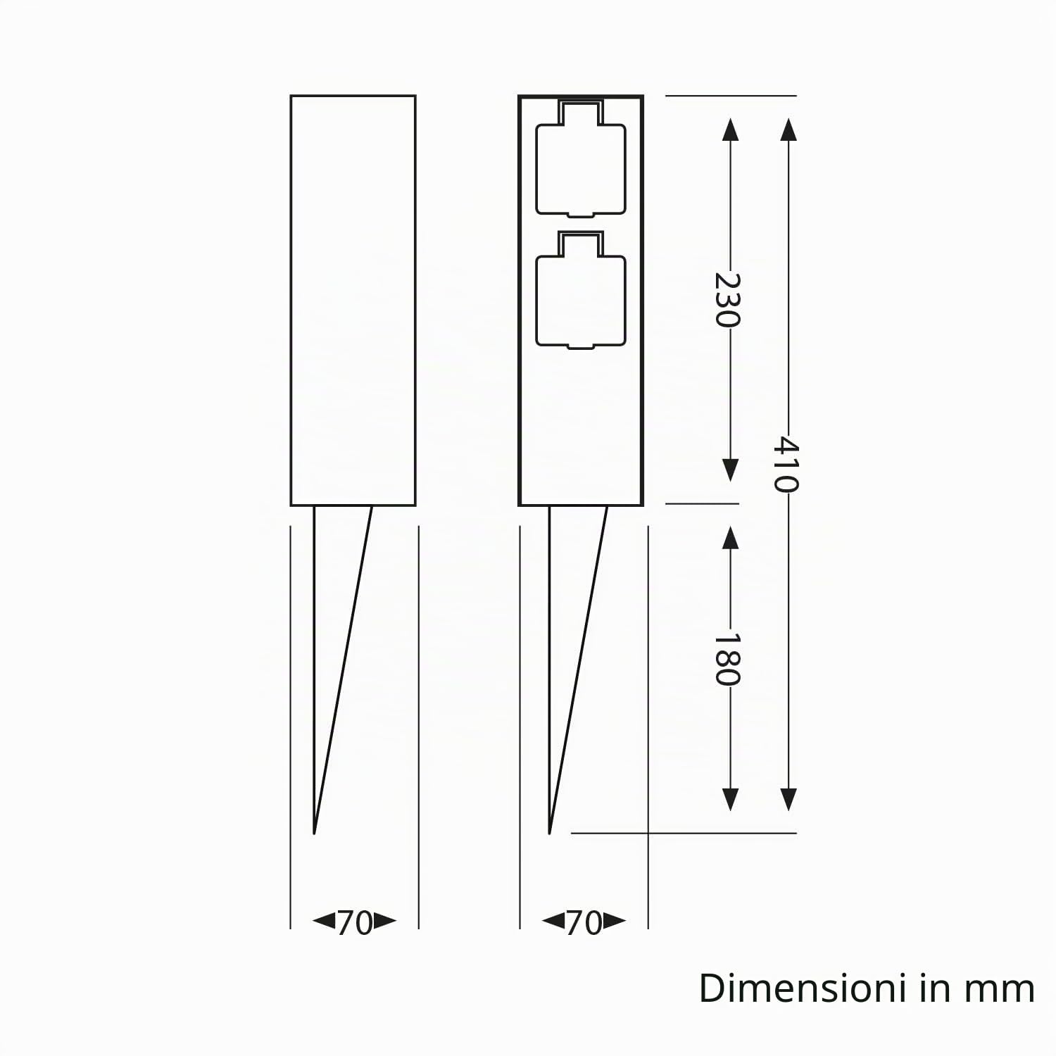 ledscom.de 2 colonnine con prese da giardino POKU con picchetto da terra per esterni, IP44, a 2 prese, nere, squadrate, 23 cm