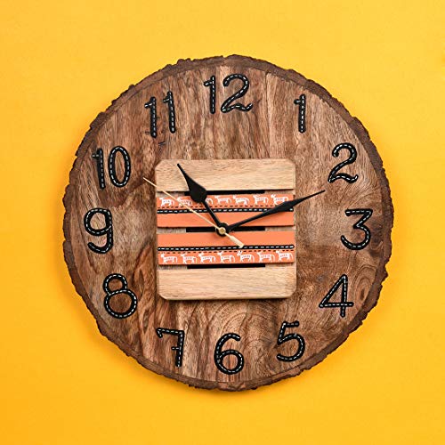 Image of AAKRITI ART CREATIONS Wall Clock Handcrafted Wooden Log Dial Natural Brown | Wall Clock for Home, Home Decoration | Warli Art Wall Hanging, Lightweight Mango Wood wall Decor | Matte Finish Wooden