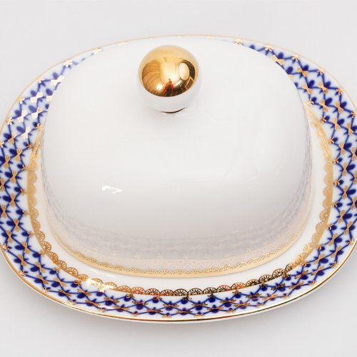 Imperial/Lomonosov Porcelain Butter Dish"Cobalt Net" #TOP1