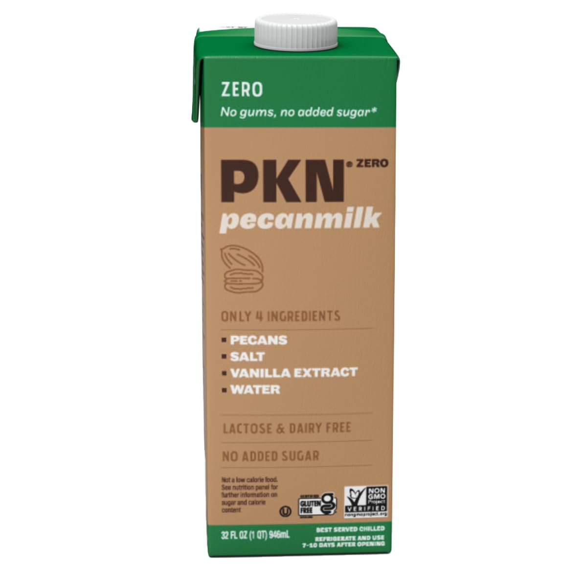 PKN Zero Pecan Milk, Non Dairy Milk Alternative, Plant-Based Nut Milk, 4 Ingredients Without Added Sugars and No GMO, Lactose Free, Original Flavor
