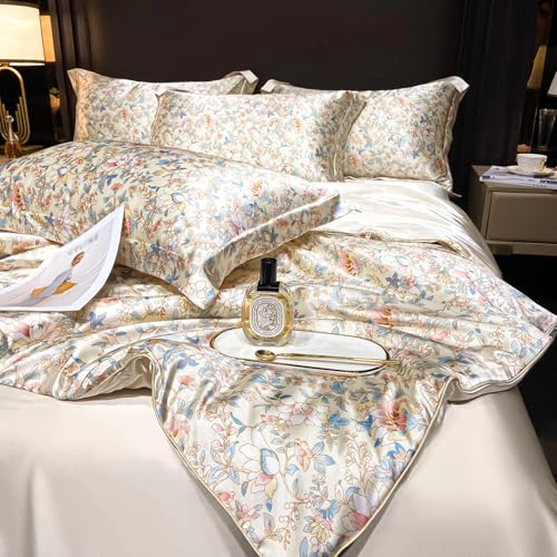 Beige Floral Duvet Cover Queen Size, 4 Pieces Satin Cooling Bedding Set for Hot Sleepers - 1 Patterned Duvet Cover 90x90 Inches with Zipper Closure, 2 Pillowcases, 1 Flat Sheet