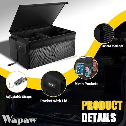 Image of Polyester Automobiles Car Trunk Organizer Bag with Lid Large Size Multi Compartment Car Organizer (55 x 41 x 25cm) Foldable SUV Car Storage Bag with Support Strap (60L - Large) Black