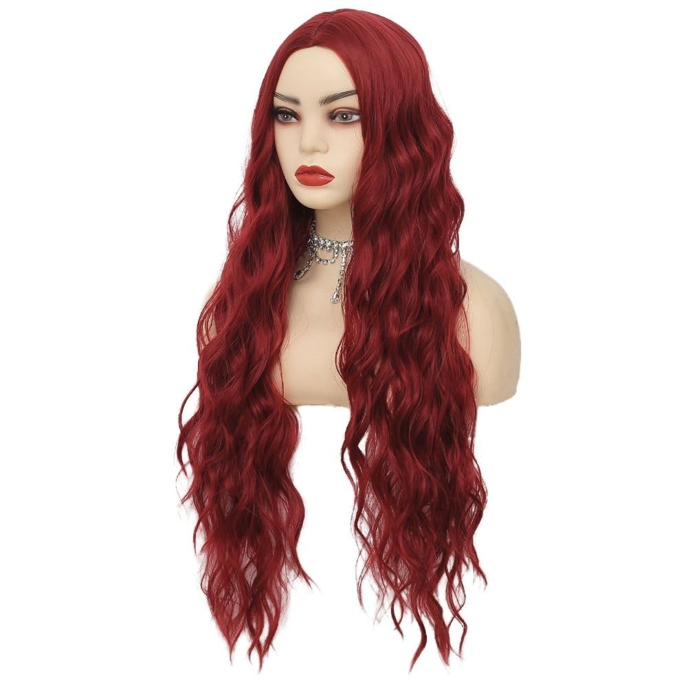 Siudus Dark Red Long Curly Wavy Wigs for Women Burgundy Middle Part Hair Wig Synthetic Heat Resistant Fiber Halloween Cosplay Wig - Image 4
