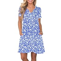 PLOKNRD Femme D'été Robe à Manches Courtes Col en V Décontractées et Plissées T Shirt Robe avec Poches Chic et Elegant(Bleu Blanc Fleurs,S