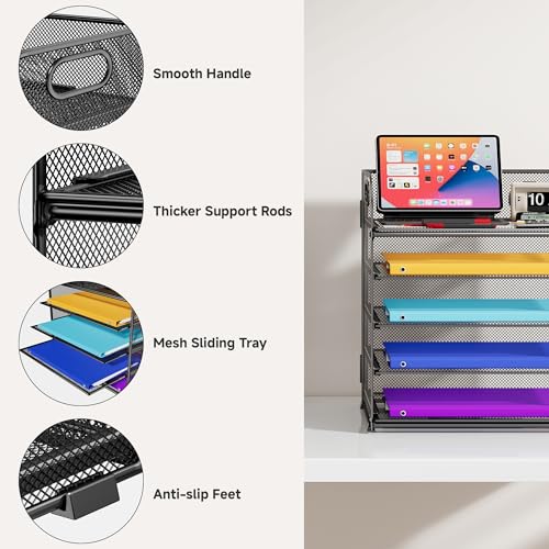 5 Tier Paper Organizer with Handle, Metal Mesh Desk Organizer File Folder Paper Letter Tray Desktop Document Sorter for Classroom, School, Office Accessories Organization and Storage - Black - Image 4