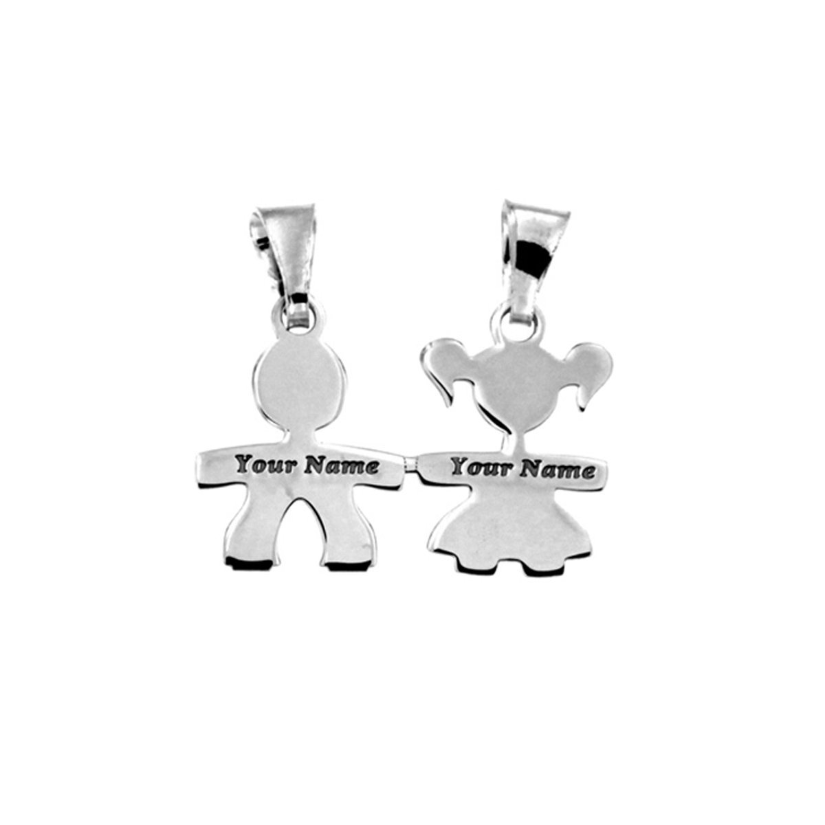2 ciondoli a forma di 2 bambini da dividere, bimbo e bimba, in argento 925. Incisione gratuita. Originale MOUN.