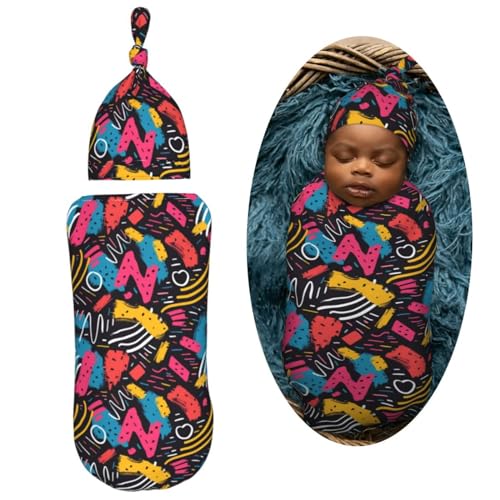 Image of 90s Art Newborn Swaddle Blankets Hat Sets Soft Baby Receiving Blanket Swaddle Sack for Baby Shower Infant Boy Girl Gift