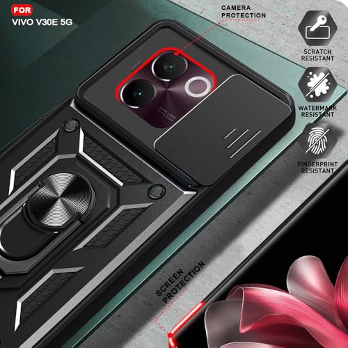 Image of AESTMO Polycarbonate Tough Armor Vivo V30E 5G Bumper Back Case Cover|Ring Holder & Sliding Camera Shield Cover|360 Degree Protection Back Case Cover for Vivo V30E 5G (Black)