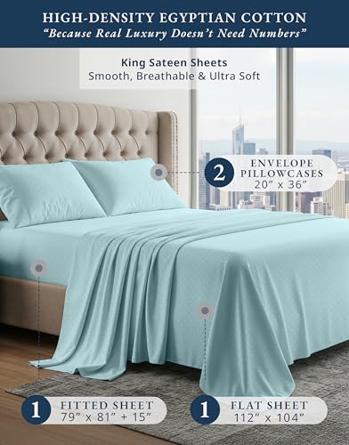 Image of LANE LINEN King Top Sheets Only 100% Egyptian Cotton Sateen - Blue Sky | King Size Bed Sheets Deep Pockets - 4-Piece Set, For A Luxurious Night's Sleep, For Guests And Everyday Use, Plush