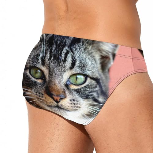 Cute Cat with Green Eyes Mens Swim Briefs Bikini Sexy Low Rise Trunks Swimsuit Bathing Suit Beach3