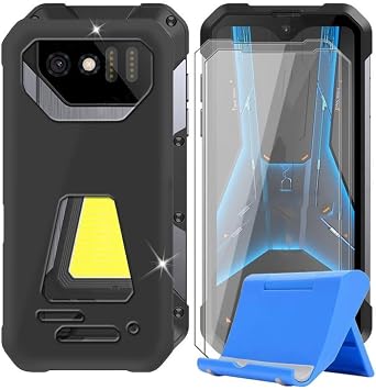 For Unihertz 8849 Tank Mini 1 4.30 inches Mobile Phone Case + Screen Protector 2 Sets, Non-Slip Bumper Case Shell Protective Cover + Tempered Glass with Mobile Phone Holder - Black