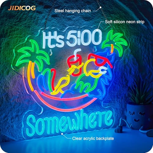 Image of Its 5 00 O'clock Somewhere Neon Sign Parrot Palm Tree Hammock It's Five Oclock Some Where Bar Beer LED Light Man Cave USB Powered Dimmable LED Sign (Pink)
