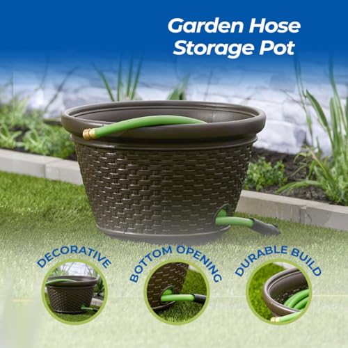 MEZHI Plastic Wicker Outdoor Garden Hose Storage Holder Hideaway Pot for 100 Foot Long Hoses with 4 Drain Holes for Porch or Garden