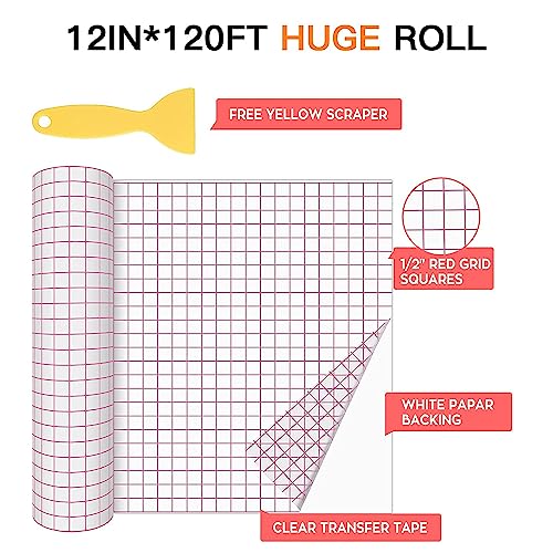 Image of HTVRONT Transfer Tape for Vinyl - 12 inch X 120 ft w /Red Alignment Grid Transfer Paper for Adhesive Vinyl, Silhouette Cameo Vinyl Transfer Tape for Vinyl for Decals,Signs, Windows, Stickers