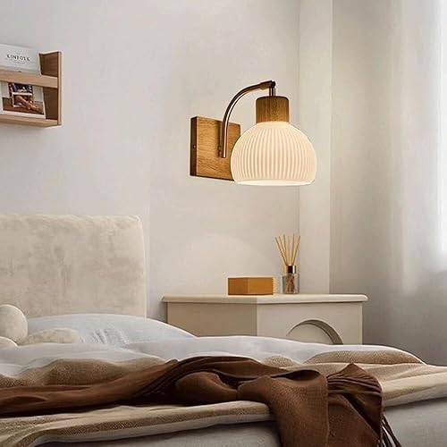 Miniatura 2 de Nordic Ribbed Milk White Glass Wall Sconce with Vintage Wood Base Adjustable Angle Lighting for Living Room Balcony E26E27 Base(Square Base)
