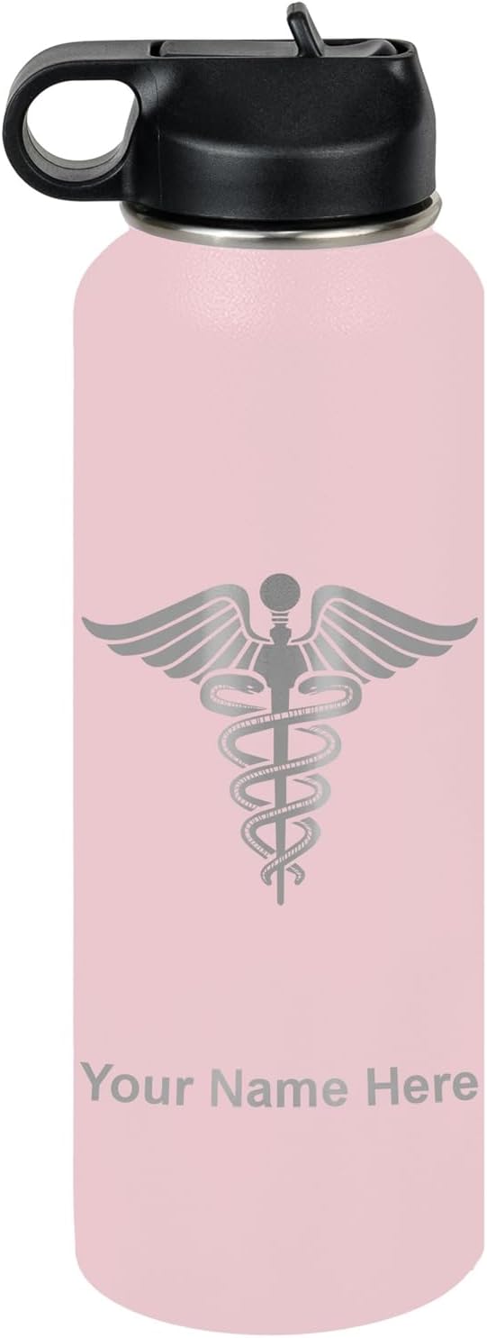 LaserGram Personalized Water Bottle, Caduceus Medical Symbol, Stainless Steel Double Wall Vacuum Insulated with Flip Top Straw, Custom Engraved Gift (40oz / 1180ml Pink)