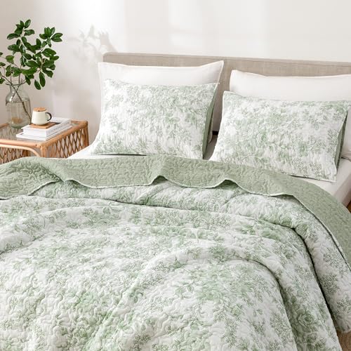 Wonderful - Sage Green Floral Quilt Queen Size, 3-Piece Breathable Cotton Face Bedding Set, Vintage Farmhouse Cottagecore Lightweight Bedspread for All Season by Wonderful - Used condition - Image 4