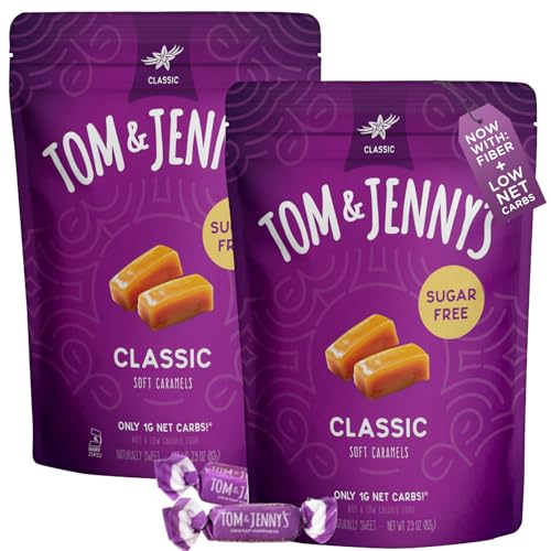 Tom & Jenny's Sugar Free Candy (Soft Caramel) with Sea Salt and Vanilla - Low Net Carb Keto Candy - with Allulose and Maltitol - (Classic Caramel, 2-pack)