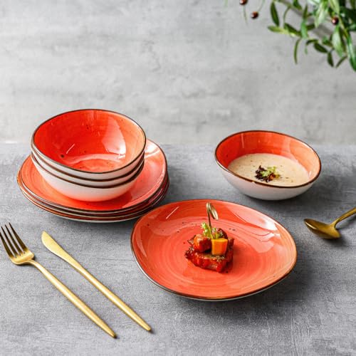 Kadum Potosi 8-teiliges Geschirrset für 4 Personen | Speiseteller Keramikteller hochwertige Keramik Bowls Saladbowls | 4x Frühstücksteller Ø 21,0 cm & 4x Salatbowl Ø 15,0 cm (Rot-Orange)