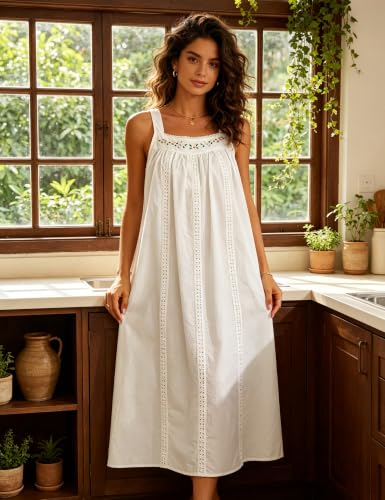 Image of SWOMOG Women's Cotton Nightgowns Sleeveless Night Gown Embroidery House Dress Soft Long Nightdress with Pockets