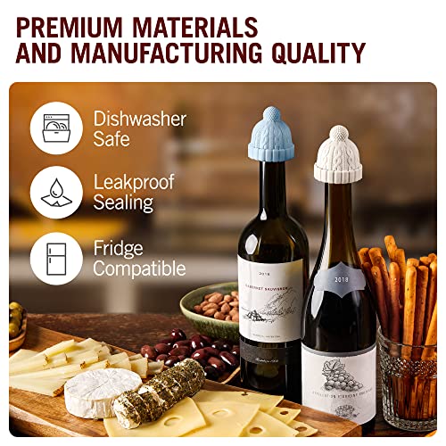 Image of Beanie Cap Decorative Silicone Bottle Stopper in a Gift Box, Set of Two, Novelty Cork, Beverage and Wine Keeper, Champagne Bottle stoppers (Blue & Grey)