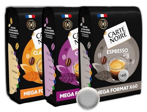 CARTE NOIRE – Café en Dosettes Souples Assortiment Classique N°5/Corsé N°7/Espresso N°8 - 3 Paquets de 60 Dosettes – Compatibles Senseo (180 dosettes)