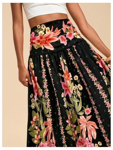 Verdusa Women's Boho Floral Print Maxi Skirt Shirred High Waisted A Line Flowy Long Skirts4