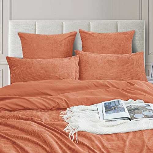 Phf Luxurious Velvet Corduroy Comforter Set Queen, 5Pcs Ultra Soft Warm Comforter Set For Fall And Winter, Luxury Cozy Flannel Bed In A Bag, Include Comforter, Pillow Shams And Euro Shams, Rust Orange #TOP4