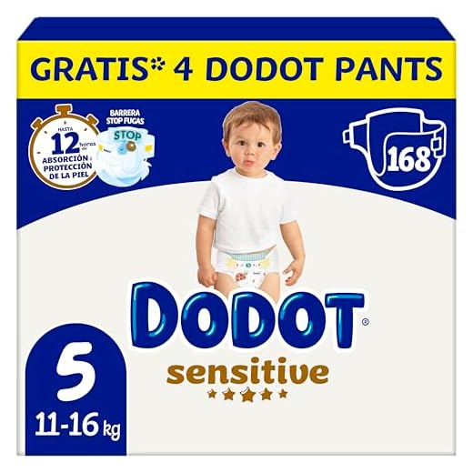 Dodot Pañales Bebé Sensitive Talla 5 (11-16 kg), 168 Pañales + 4 Pants Gratis, Óptima Protección de la Piel de Dodot, paquete Mensual