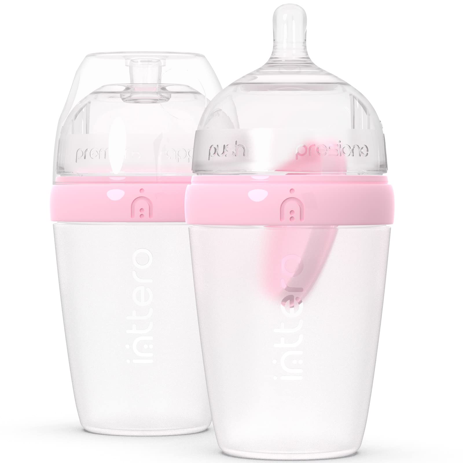 Inttero Preload/Formula Mixing Baby Bottle with Anti-Colic & Air-Free System - 9oz - 2 Pack (Cute Pink, Medium Flow)