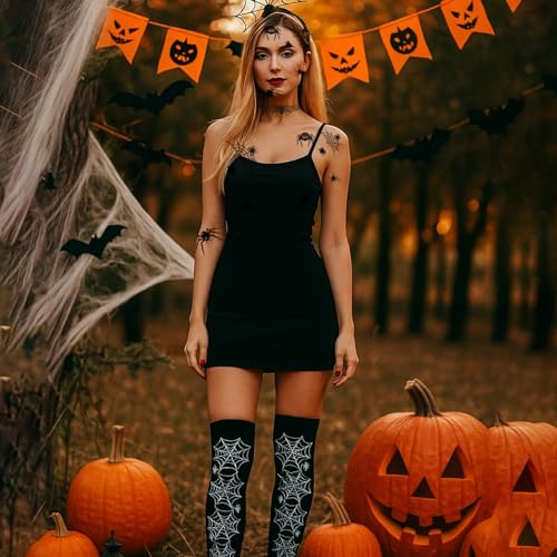 BaiDekun Spinnenkostüm Damen Set inklusive Spinnenweben-Strumpfhosen, Spinnennetz-Zubehör-Set, Spinnen-Gesichtstattoos, Spinnen-Halsbändern, Fledermaus-Kostüm Damen, Karneval