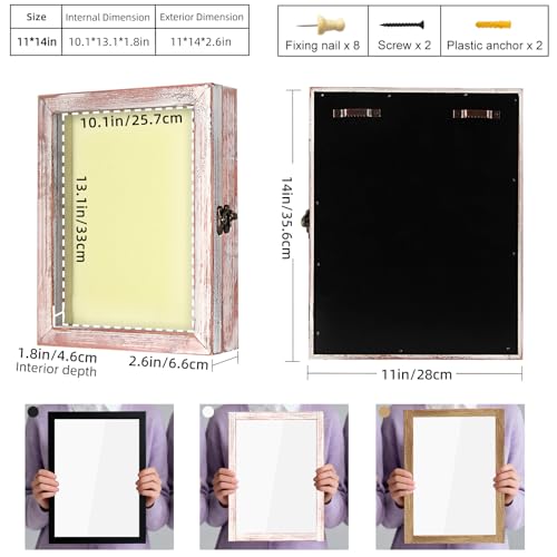 Image of TJ.MOREE Shadow Box 11 x 14 Display Case Wood Picture Frame White Pink | Memory Box with Linen Back for Memorabilia, Bouquet, Military Medals, Graduation Photos