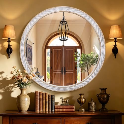 Image of 30 Inch Round Mirror, Rustic Farmhouse Circle Mirrors for Wall Decor | HD Tempered Glass, Over-sink Accent, Warm Wooden Look, Decorative Style for Living Room, Foyer, Entryway, Bathroom