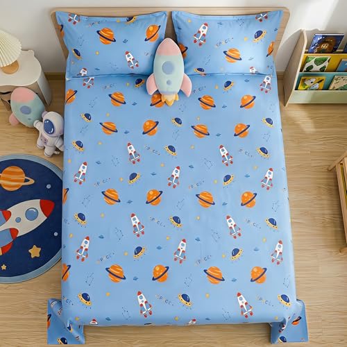 Image of Story@Home Space Theme Kids Double Bedsheet 225x250 cm with 2 Pillow Covers | Cotton Feel 180 TC Soft Fabric | Space Blue Astronaut & Galaxy Design | Breathable & Skin Friendly