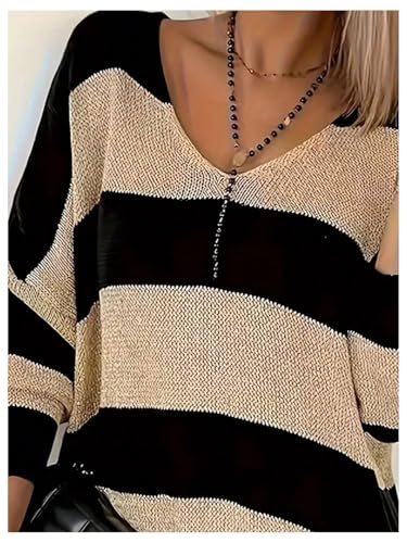 MakeMeChic Women's Plus Size Sweater Striped V Neck Long Sleeve Knitted Pullover Tops4