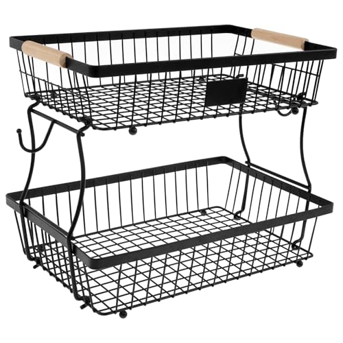 AwObEpl 2 Tiers Fruit Basket with Wood Handle Metal Fruit Bowl Countertop Vegetable Holder Rustproof Vegetable Basket with Banana Hook for Kitchens Veggies