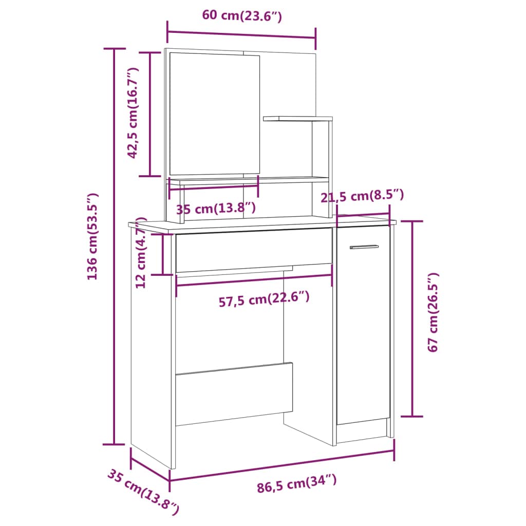 Set Tavolo da Toeletta Rovere Fumo con Specchio e Sgabello, 86,5x35x136 cm, Mobiletto con Cassetto e Portaoggetti, Consolle Salvaspazio per Camera da Letto, Organizzatore Trucco e Make up