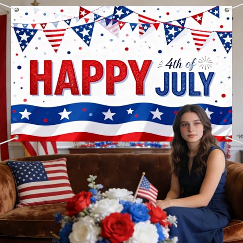 Image of IVN Happy 4th of July Backdrop Banner 71 x 43 Inch USA Flag Bunting Background Photo Booth Backdrop Independence Day Party Decorations Supplies Memorial Day Veterans Day Indoor Outdoor Decor