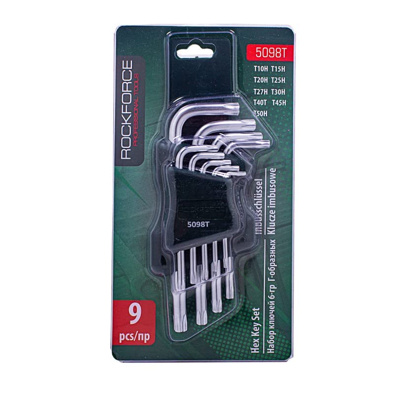 ROCKFORCEL-Type Torx-Wrenches Set 9pcs (T10Н, T15Н, T20Н, T25Н, T27Н, T30Н, T40T, T45Н, T50Н with hole) Hand Tool Household, in a Plastic Holder